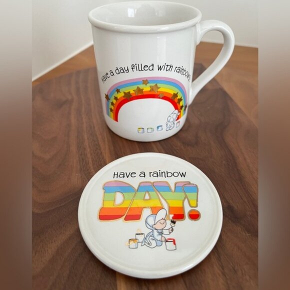 VINTAGE Hallmark Mug Mates Coffee Cup With Coaster Lid Have A Rainbow Day Japan - Picture 2 of 12